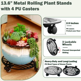 2 Packs Large Metal Plant Caddy with PU Wheels 13.6" Heavy-duty Wrought Iron Rolling Plant Stands Indoor Outdoor Wheeled Plant Dolly Planter Mover Rollers Plant, Leaf Style