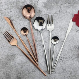 JASHII Juego de cubiertos de acero inoxidable 304 de 24 piezas con diseño de rosas de acero inoxidable, pulido de espejo, cuchillo/tenedor/cuchara, moderno y elegante juego de cubiertos para fiestas, Navidad