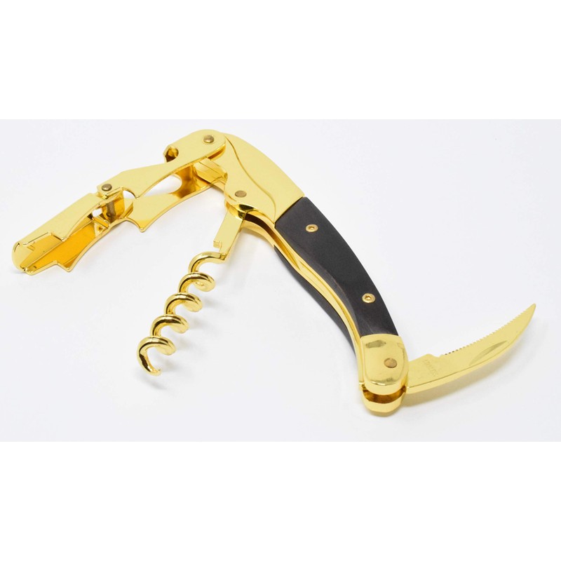 Gold and Black Corkscrew Wood Handle Double Hinge Waiters Wine