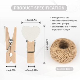 Heart Pegs,100Pcs Mini Wooden Clothespins, White Photo Paper Clips with 30 Meters Jute Twine for DIY Decorations