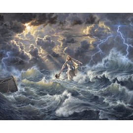Saved by Grace Jesus Standing On Water Saving Man Panel Cotton Fabric David Textiles ML 3537, Blue
