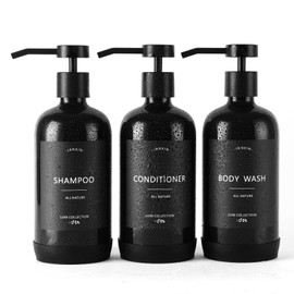 Janxin Refillable 600ml Shampoo Bottles, Shower Dispenser with Waterproof Labels (Amber Bottles + Black Pumps), 3-Piece Set