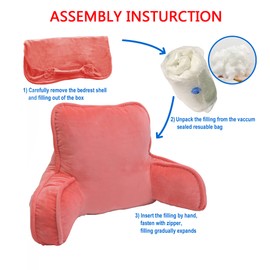 BYTIDE Super Soft Assembly Needed DIY Backrest Reading Bed Rest Pillow with Arms and Pockets 18" H for Sitting in Bed Couch Sofa, Removable Cover and Filling Seprated Set, 20" x 18" x 17", Peach Echo