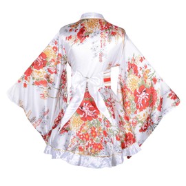 Short Kimono Costume Robe Floral Japanese Geisha Yukata Sleepwear Robe Dress Obi Belt Outfit, 81, white