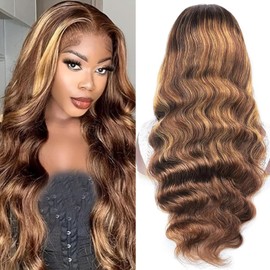 28 Inch Ombre Lace Front Wig Human Hair 180% Density 13x4 P4/27 Highlight Lace Front Wig Human Hair Honey Blonde Lace Body Wave Frontal Wigs for Black Women with Natural Hairline