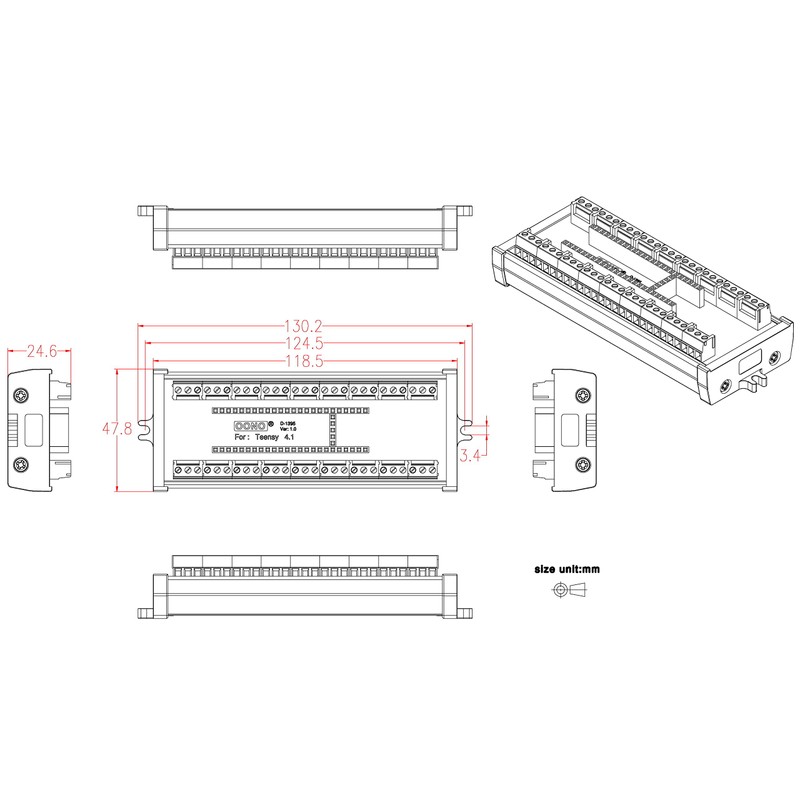 Terminal Block Breakout Board Module for Teensy 4.1, Screw Mount