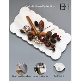 EXCHUES Natural Marble Tray, 12 x 6 inches Serving Board, Bathroom Organizers and Storage, Scallop Stone Present for Home Kitchen Vanity Countertop Decor (Marble, White)