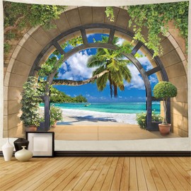 FENDROM Beach Decor Tapestry Ocean Sea Tropical Island Palm Tree Scenic View From Window Summer Tropical Scenery Wall Hanging Nature Tapestry For Bedroom Living Room Dorm