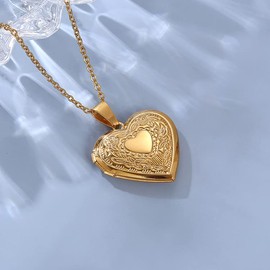 Vintage Engraved Flower Locket Picture Pendant Necklace Antique Carved Pattern Oval Heart Pendant Necklace For Women Girls Hold Picture Souvenir Memorial Jewelry(Gold Heart 1)