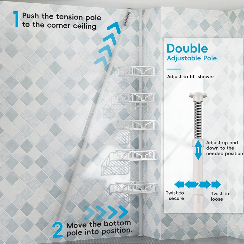 Skycarper 5 Tier Adjustable Corner Shower Caddy Organizer with Hooks,Rustproof