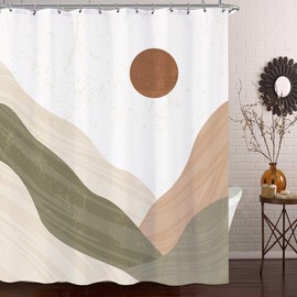 Laifzere Mountain Boho Shower Curtain - Mid Century Sun Modern Minimalist Abstract for Bathroom Set - Sunset Neutral Green Beige Rustic Waterproof for Bathtub 60x72 Inch