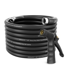 SPECILITE Hot/Cold Water Hose 75ft x 5/8" with Industrial High Pressure Nozzle,Heavy Duty Black Garden Hose -50℉ to 158℉,Flexible Rubber Hoses With 3/4"Stainless Steel Fittings for Yard,Outdoor,Farm