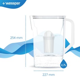 Wessper Water Filter Jug 2.7 L Compatible with Brita Classic for Fridge Door, Water Filter System to Reduce Limescale, Chlorine, Water Filter Jug + Water Filter Aquaclassic, White