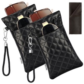 YOSE Double Eyeglass Case 2-Layer Soft Glasses Pouch with Carrying Strap & Cleaning Cloth for Women Men Portable Squeeze Top（2 Pcak）