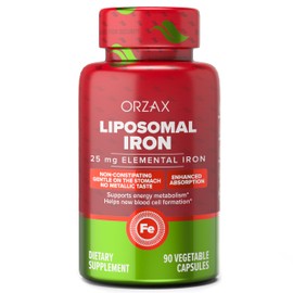 ORZAX Iron Supplement 25 mg -Liposomal Technology- High Bioavailability 90 Vegetable Capsules, Helps New Blood Cell Production, Non-Constipating, Non-GMO & Gluten Free, for Women, Men, Adults