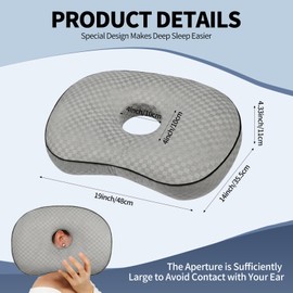Ear Piercing Pillow for Side Sleepers with an Ear Hole for CNH and Ear Pain Ear Inflammation Pressure Sores, Cotton and Polyester Adjustable Filling Washable and Adjustable Ear Guard Pillow, Gray