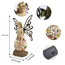 Suyorpe Flower Fairy Garden Decor,Garden Fairy Statues Outdoor,Solar Powered Outdoor Fairy Figurine Accessories,Patio Lawn Yard Porch, Resin Ornaments for Outside Gifts,9.45 Inches Tall