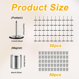 50pcs Magnetic Push Pins, Metal Thumb Tacks for Picture with 50 Magnet Photo Hanging Flat Thumbtacks Decorative Magnetic Wall Pins Poster Hangers Supply for Cork Board Maps