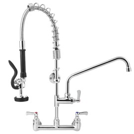 25" Height Commercial Faucet with Sprayer, Commercial Sink Faucet, 8" Adjustable Center & 12" Add-on Swing Spout, Wall Mount Pre Rinse Faucet for Commercial Restaurant Industrial Kitchen (Chrome)
