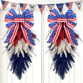 Dingion 2 Pack 20 Inch Patriotic Wreath for Front Door 4th of July Red White and Blue Wreath with American Flag Bow Memorial Day Teardrop Swag Decor for Porch Wall Independence Veterans Day
