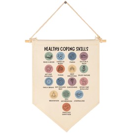 Healthy Coping Skills Flag Wall Decor,Therapy Office Wall Decor,Stress Mangement,Self Care,Mental Health Pennant,Anxiety Coping Skills-Nursery Canvas Hanging Pennant Banner Decoration Gifts