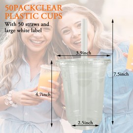 50 Sets Clear Plastic Cups With Flat Lids,16oz Disposable Coffee Cups with Straws and Stickers,Plastic Cups for Coffee,Cold Drinks,Juice, Bubble Boba Tea,Smoothie, Milkshake