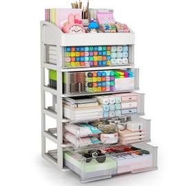 Desk Organizer with Drawers, 5 Drawers Storage Organizer, Desktop Storage Drawers for Office Supplies, Plastic Stationary Organizer, Makeup Organizer, Desk Storage Box for Office, School, Home