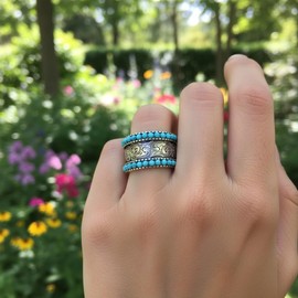 HAIXIAN Double row Turquoise Spheres lucky Flower Pattern Engraved Band Ring for Women Man,S925 Sterling Silver Retro Vintage Hawaiian National Style Boho Ring Jewelry (Turquoise_A, 7)