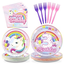 96 Pcs Unicorn 3rd Birthday Party Decorations for Girls Disposable Rainbow Unicorn Plates and Napkins Tableware Sets for Unicorn Themed 3rd Birthday Party Baby Shower Supplies Decorations Serves 24