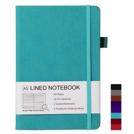 ZephyrNote Notebook A5 Lined Hardcover, Premium 80 GSM Paper, Journal Book with 192 Pages, Inner Pocket, Pen Loop, Elastic Strap, Faux Leather Cover, 14.5 x 21.3 cm (Cyan)