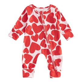 Sasaerucure Infant Baby Boy Girl Valentines Outfit Heart Jumpsuit Newborn Baby Zipper Long Sleeve Romper Onesie (Red, 0-3 Months)