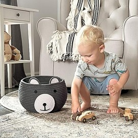 Goodpick Goodpick Rope Toy Basket for Nursery Cute Bear Round Basket, Cotton Basket in Living Room Woven Baby Shower Basket Bedroom Storage Bakset for Kids, Grey, 10.5"D x 8.5"H