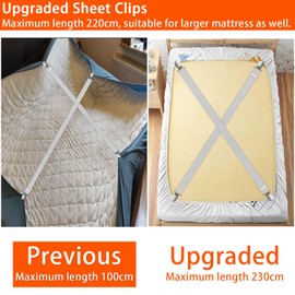 SUNRIZ Bed Sheet Clips, 55 cm-250 cm Adjustable Bed Sheet Straps, Upgraded Elastic Sheet Fasteners for Bedding, Fitted Bed Sheet Grippers to Keep Your Sheets in Place,4Pcs,White