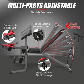 Aceshin 900LBS Adjustable Weight Bench with Preacher Curl Pad & Leg Extension, Flat Incline Decline Workout Bench for Home Gym, Heavy Duty Bench Press Set for Full Body Strength Training (Dark Red)