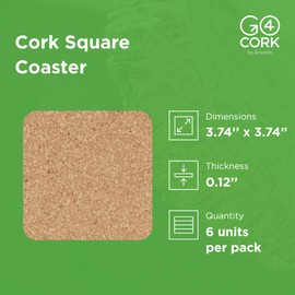 Go4Cork Cork Square Coaster Set of 6-95x95x3mm (3.74"x3.74"x0.12") | Heat Resistant, Reusable & Easy to Clean | Suitable for All Beverage Types