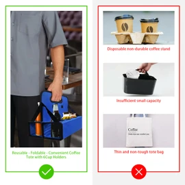BOHEMIABY Cup Holder with Handle, Reusable, 6 Cup Portable Drink Carrier, Foldable Beach Cup Holder, Carry Cocktail, Protects Hot and Cold Drinks Safe, Suitable for Delivery, Blue