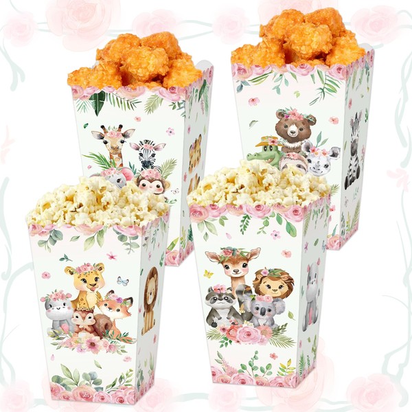 JeVenis 12 PCS Pink Jungle Animal Popcorn Boxes Treat Bags