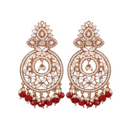 Crunchy Fashion Bollywood Jewellery Traditional Ethnic Bridal Bride Wedding Bridesmaid Gold-Plated Kundan Mirror & Red Pearl Dangler Earring