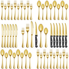 72 Pcs Gold Silverware Set with Steak Knives, Stainless Steel Flatware Cutlery Set Service for 12, Kitchen Tableware Set, Utensil Set for Home and Restaurant, Knives Forks Spoon Set, Dishwasher Safe
