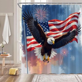 4th of July Independence Day Shower Curtain,American Flag Patriotic Eagle Blue Polyester Bathroom Curtain with 12 Hooks,Bathtub Home Decor,70x70 Inch