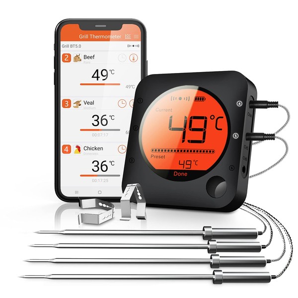 BFOUR Wireless Meat Thermometer,Bluetooth Meat Thermometer with 4 Stainless Steel Probes Digital BBQ Thermometer for Grilling Smoker Oven, Smart APP Alarm Monitor