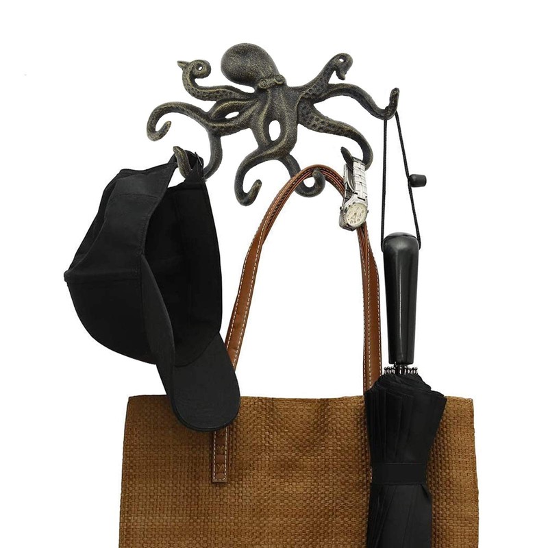 Bronze Octopus Coat Hook with 6 Tentacle Hooks Cast Iron