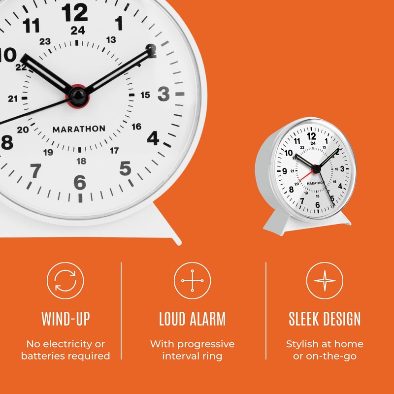 MARATHON CL034001WH Mechanical Wind-Up Alarm Clock (White)