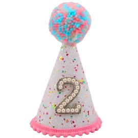 BOXOB Pink Confetti 2nd Birthday Hat, Glitter Sprinkle Party Number Hat for Baby Girls Kids One Sweet Birthday Decorations Supplies Photo Prop for 2-Year-Old Celebrations