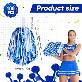 100Pcs Metallic Cheerleading Pom Poms with Baton Handle Cheerleader Pompom Foil Cheer Pom Poms 30g Cheering Squad Hand Flowers for Kids Adults Team Spirit Sports Party Cheering (Blue and White)