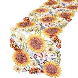 Simhomsen Embroidered Sunflowers and Butterflies Table Runner Dresser Scarf for Spring and Summer (14 x 54 inches)