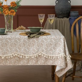 Mantel rústico de lino mezclado rectangular/oblongo mantel impreso con borlas de línea ondulada, cubierta de mesa para bufé, fiestas, eventos, granja, cocina, comedor, decoración de café, 55 x 102