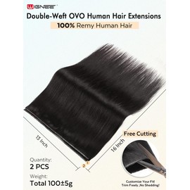 WIGNEE New Double Layered PU OVO Hair Extensions Natural Black Straight Human Hair weft with beads 100% Real Human Hair Extensions 16 Inch Seamless Micro Beads Human Hair Extensions Glueless (1B)
