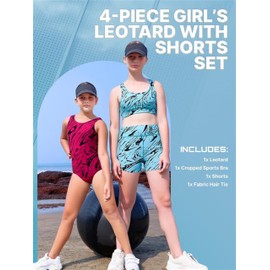 Essenclo Girls Gymnastics Leotards w/Shorts Set - 4-Piece Girls Unitards Biketards Outfit for Dance, Tumbling & Activewear - E2112 - S6-9-10