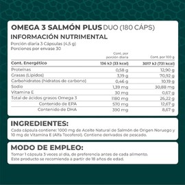 PRONAT | DUO Omega 3 Salmón Plus, Suplemento Alimenticio, 180 Cápsulas con 570 mg de EPA, 390 mg de DHA y Vitamina E